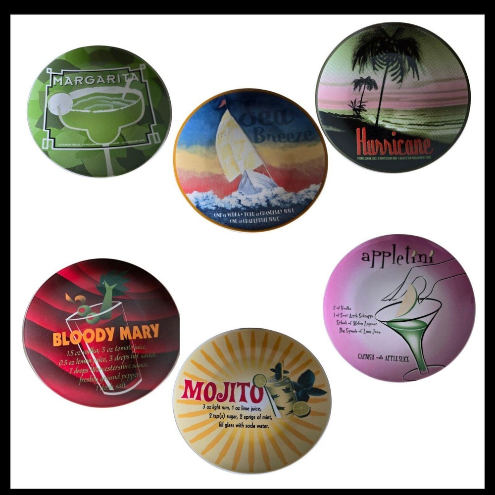 6 Cocktail Drink Recipe‎ Barware Appetizer Serving Plates Retro Beach